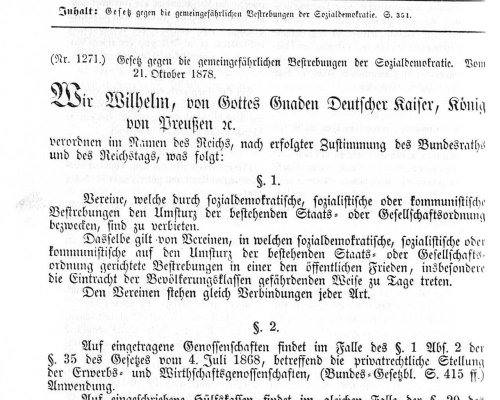 Mit dem 1878 im Reichstag verabschiedeten "Sozialistengesetz" wurden sozialdemokratische Verbände, Publikationen und Versammlungen verboten